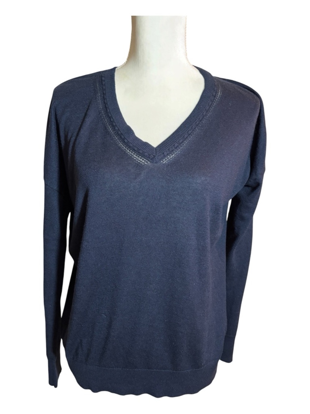 Women’s Banana Republic Navy V-Neck Silk Cashmere Relaxed Fit Sweater Sz Medium